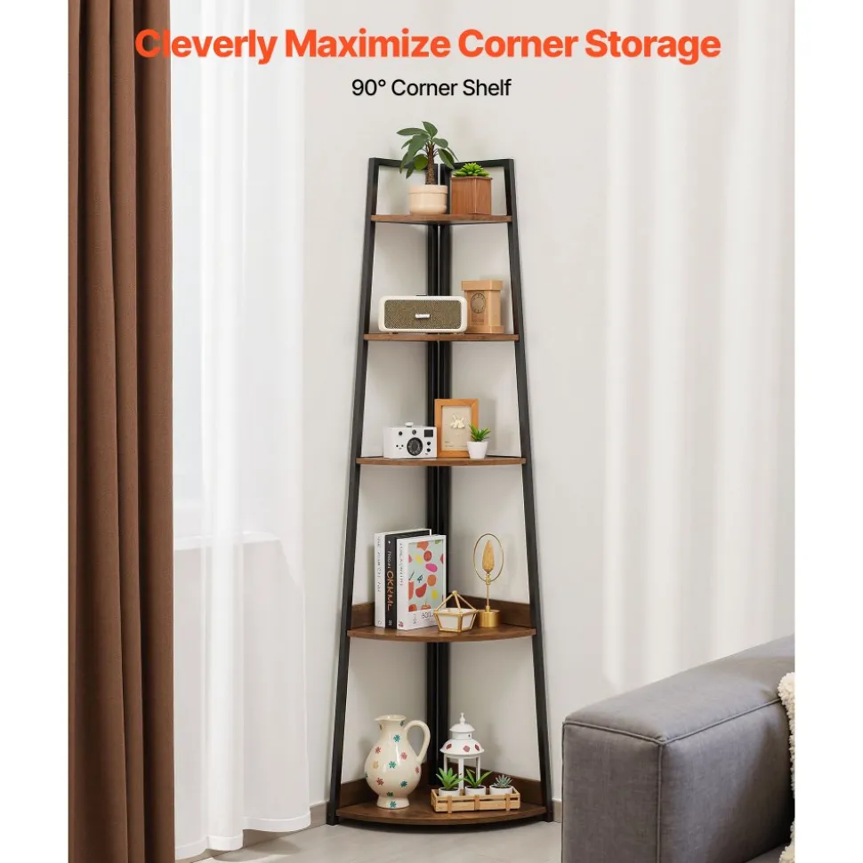 VEVOR 5 Tier Corner Shelf, 70" Tall Corner Bookshelf with Metal Frame & Wooden Shelves, Industrial Corner Ladder Shelf for Living Room, Bedroom, Office, Rustic Brown