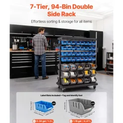 VEVOR 7-Tier Double-Sided Rolling Bin Storage Rack, 94 Plastic Bins, Dual-Sided Parts Organizer with Wheels, Mobile Tool Organizer for Garage, Warehouse, Office, Restaurant, Classroom, Kitchen