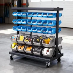 VEVOR 5-Tier Double-Sided Rolling Bin Storage Rack, 68 Plastic Bins, Dual-Sided Parts Organizer with Wheels, Mobile Tool Organizer for Garage, Warehouse, Office, Restaurant, Classroom, Kitchen