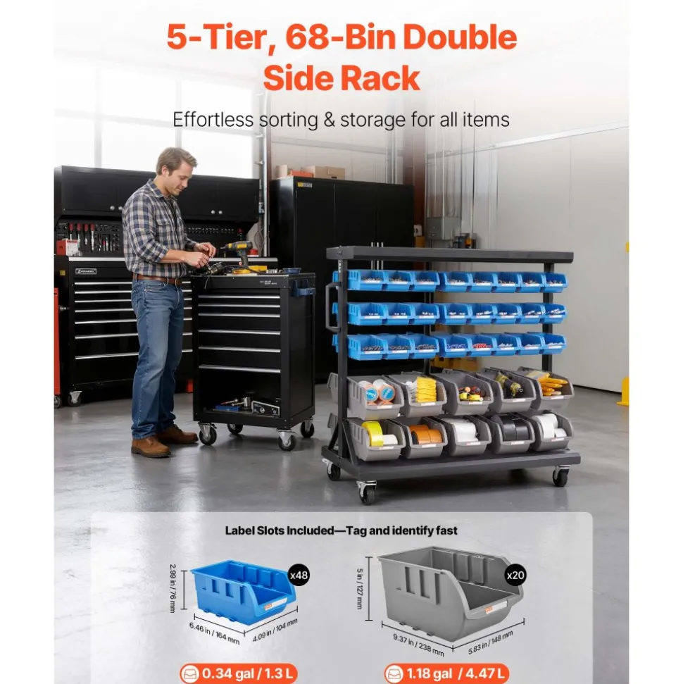 VEVOR 5-Tier Double-Sided Rolling Bin Storage Rack, 68 Plastic Bins, Dual-Sided Parts Organizer with Wheels, Mobile Tool Organizer for Garage, Warehouse, Office, Restaurant, Classroom, Kitchen