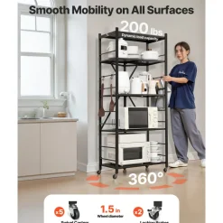 VEVOR 5-Tier Foldable Storage Shelf, 28W x 15D x 64H Inch Folding Metal Rack Shelving Unit, No Assembly Organizer Shelf with 5 Wheels & 4 Hooks for Pantry, Kitchen, Garage, Basement, Black