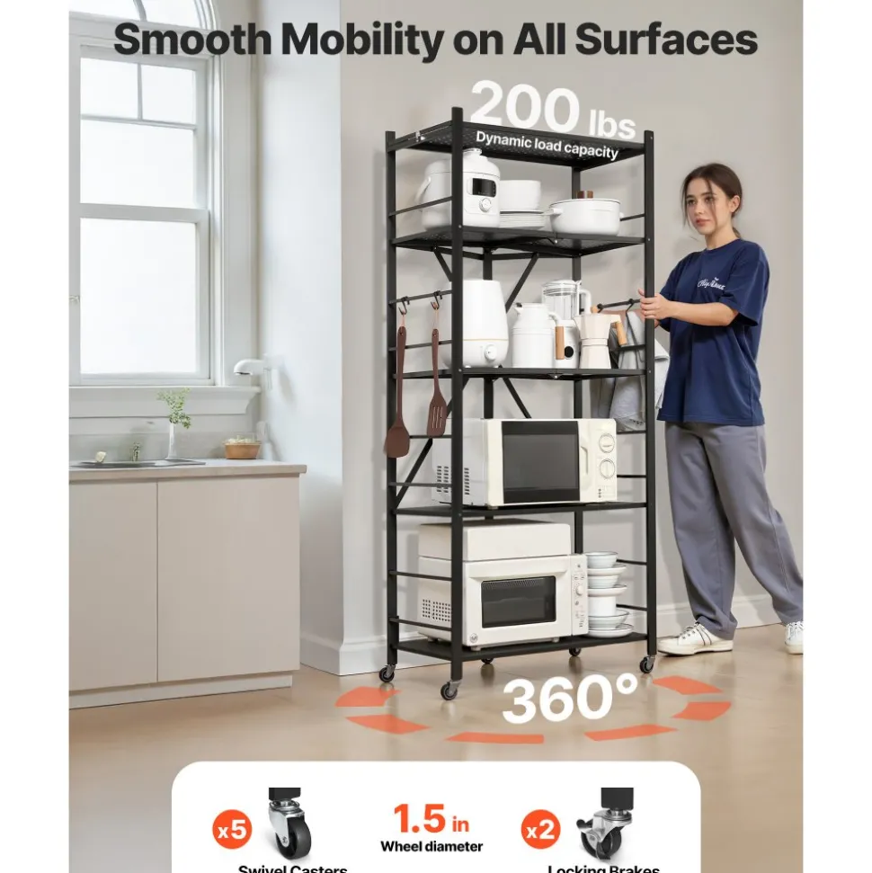VEVOR 5-Tier Foldable Storage Shelf, 28W x 15D x 64H Inch Folding Metal Rack Shelving Unit, No Assembly Organizer Shelf with 5 Wheels & 4 Hooks for Pantry, Kitchen, Garage, Basement, Black