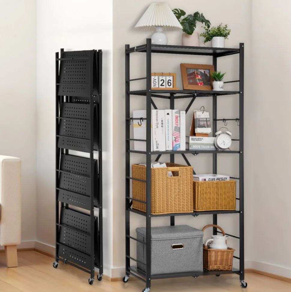VEVOR 5-Tier Foldable Storage Shelf, 28W x 15D x 64H Inch Folding Metal Rack Shelving Unit, No Assembly Organizer Shelf with 5 Wheels & 4 Hooks for Pantry, Kitchen, Garage, Basement, Black