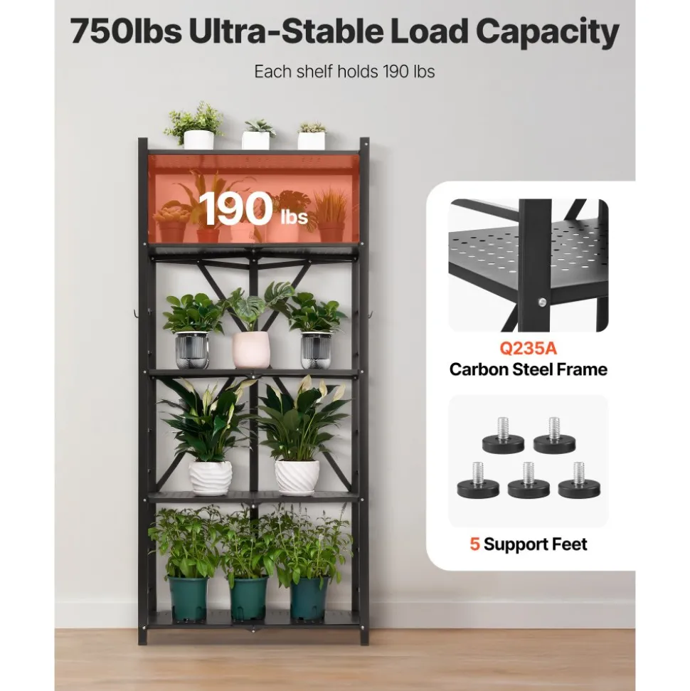 VEVOR 5-Tier Foldable Storage Shelf, 28W x 15D x 64H Inch Folding Metal Rack Shelving Unit, No Assembly Organizer Shelf with 5 Wheels & 4 Hooks for Pantry, Kitchen, Garage, Basement, Black