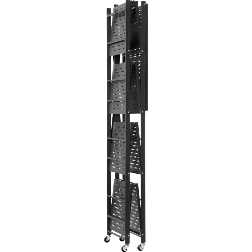 VEVOR 5-Tier Foldable Storage Shelf, 28W x 15D x 64H Inch Folding Metal Rack Shelving Unit, No Assembly Organizer Shelf with 5 Wheels & 4 Hooks for Pantry, Kitchen, Garage, Basement, Black