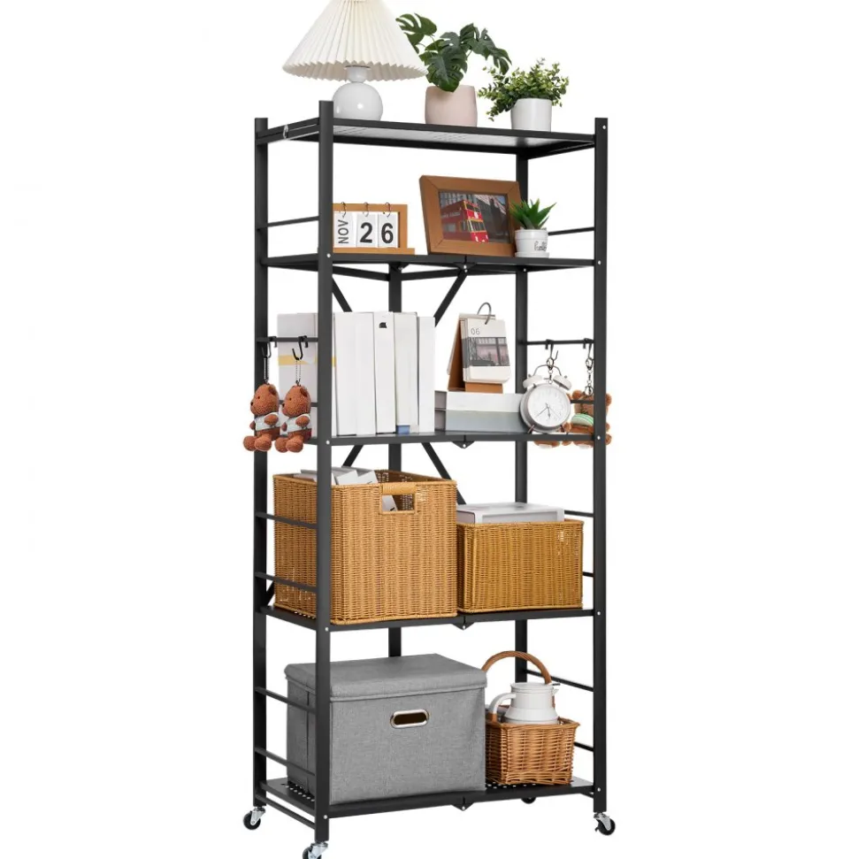 VEVOR 5-Tier Foldable Storage Shelf, 28W x 15D x 64H Inch Folding Metal Rack Shelving Unit, No Assembly Organizer Shelf with 5 Wheels & 4 Hooks for Pantry, Kitchen, Garage, Basement, Black