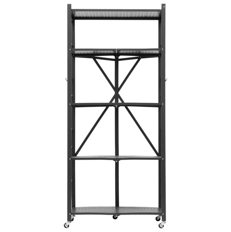 VEVOR 5-Tier Foldable Storage Shelf, 28W x 15D x 64H Inch Folding Metal Rack Shelving Unit, No Assembly Organizer Shelf with 5 Wheels & 4 Hooks for Pantry, Kitchen, Garage, Basement, Black