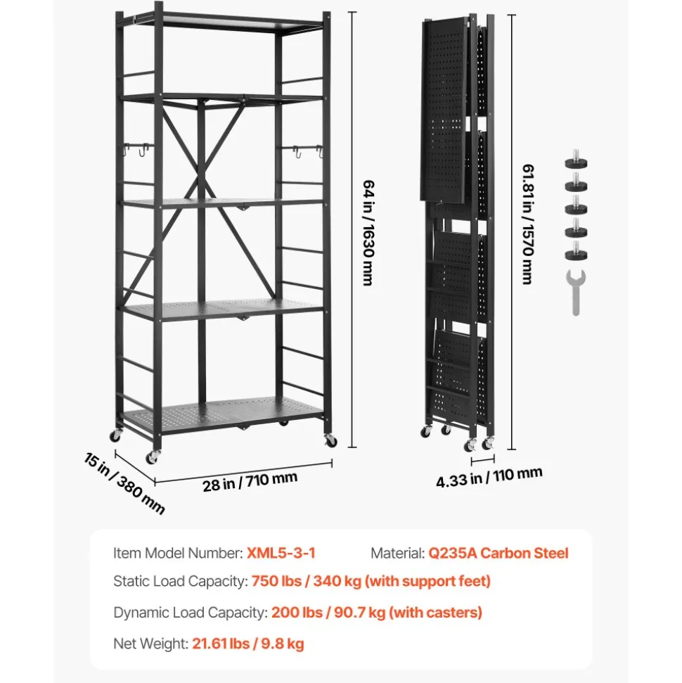 VEVOR 5-Tier Foldable Storage Shelf, 28W x 15D x 64H Inch Folding Metal Rack Shelving Unit, No Assembly Organizer Shelf with 5 Wheels & 4 Hooks for Pantry, Kitchen, Garage, Basement, Black