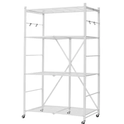VEVOR 3-Tier Foldable Storage Shelf, 28W x 13D x 36H Inch Folding Metal Rack Shelving Unit, No Assembly Organizer Shelf with 5 Wheels & 4 Hooks for Pantry, Kitchen, Garage, Basement, Black