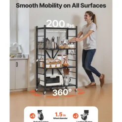 VEVOR 4-Tier Foldable Storage Shelf, 26W x 13D x 46H Inch Folding Metal Rack Shelving Unit, No Assembly Organizer Shelf with 5 Wheels & 4 Hooks for Pantry, Kitchen, Garage, Basement, Black