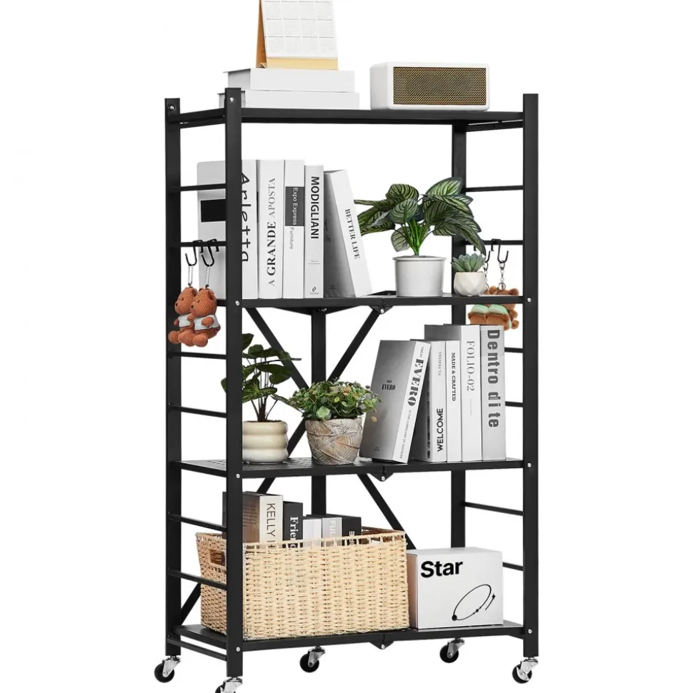 VEVOR 4-Tier Foldable Storage Shelf, 26W x 13D x 46H Inch Folding Metal Rack Shelving Unit, No Assembly Organizer Shelf with 5 Wheels & 4 Hooks for Pantry, Kitchen, Garage, Basement, Black