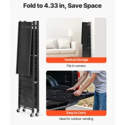 VEVOR 4-Tier Foldable Storage Shelf, 26W x 13D x 46H Inch Folding Metal Rack Shelving Unit, No Assembly Organizer Shelf with 5 Wheels & 4 Hooks for Pantry, Kitchen, Garage, Basement, Black