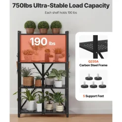 VEVOR 4-Tier Foldable Storage Shelf, 26W x 13D x 46H Inch Folding Metal Rack Shelving Unit, No Assembly Organizer Shelf with 5 Wheels & 4 Hooks for Pantry, Kitchen, Garage, Basement, Black