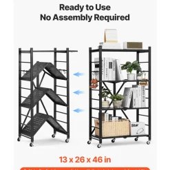 VEVOR 4-Tier Foldable Storage Shelf, 26W x 13D x 46H Inch Folding Metal Rack Shelving Unit, No Assembly Organizer Shelf with 5 Wheels & 4 Hooks for Pantry, Kitchen, Garage, Basement, Black