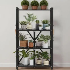 VEVOR 4-Tier Foldable Storage Shelf, 26W x 13D x 46H Inch Folding Metal Rack Shelving Unit, No Assembly Organizer Shelf with 5 Wheels & 4 Hooks for Pantry, Kitchen, Garage, Basement, Black