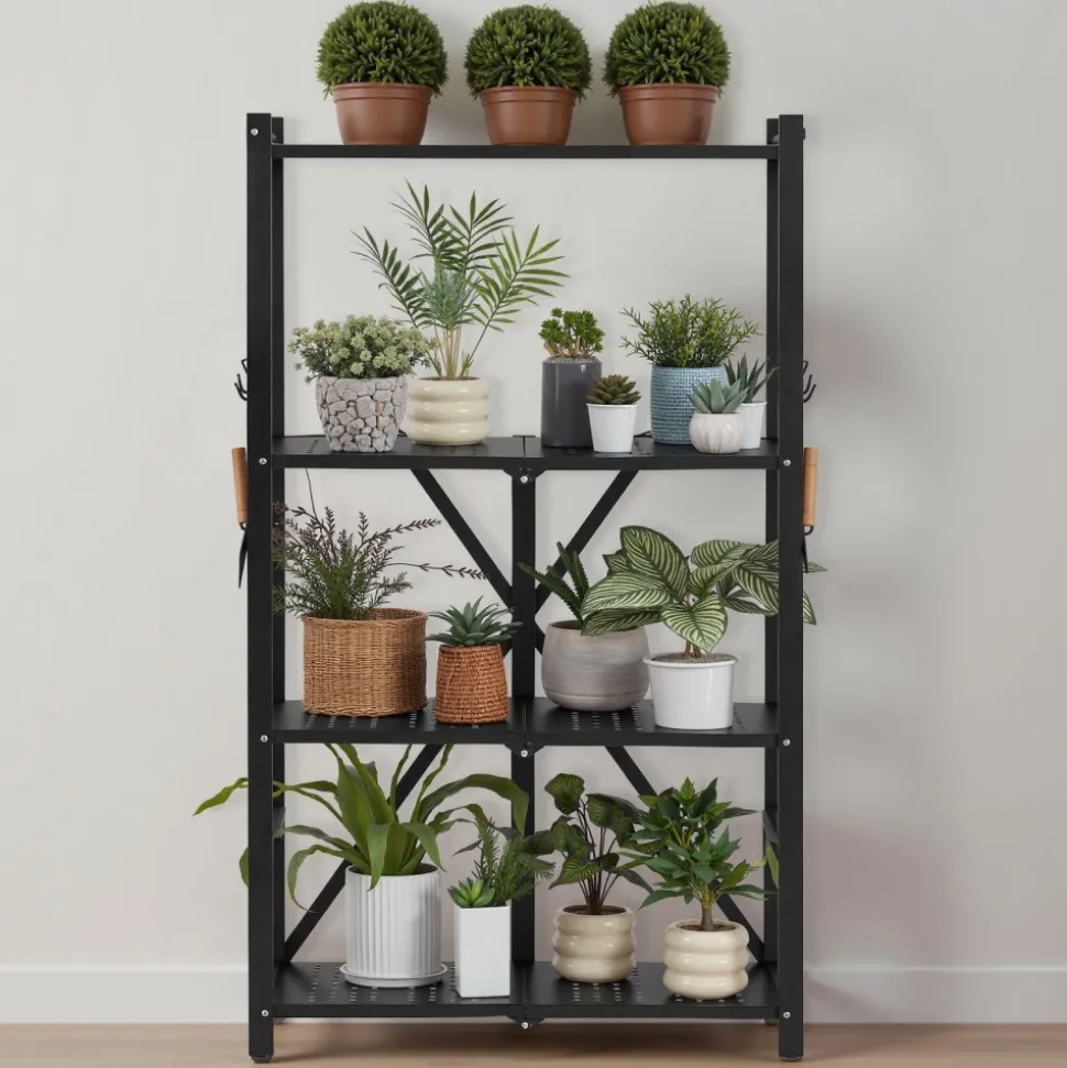 VEVOR 4-Tier Foldable Storage Shelf, 26W x 13D x 46H Inch Folding Metal Rack Shelving Unit, No Assembly Organizer Shelf with 5 Wheels & 4 Hooks for Pantry, Kitchen, Garage, Basement, Black