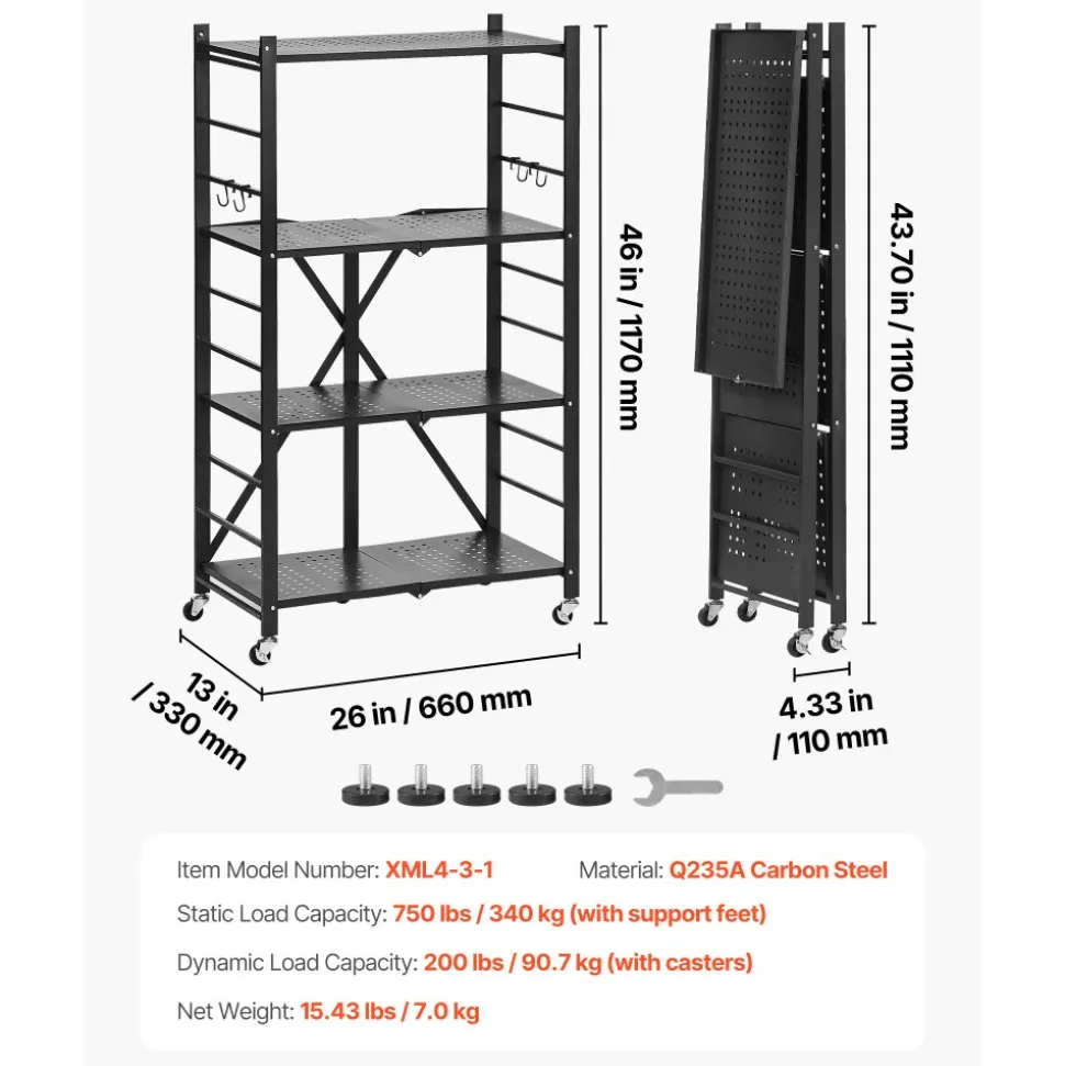 VEVOR 4-Tier Foldable Storage Shelf, 26W x 13D x 46H Inch Folding Metal Rack Shelving Unit, No Assembly Organizer Shelf with 5 Wheels & 4 Hooks for Pantry, Kitchen, Garage, Basement, Black