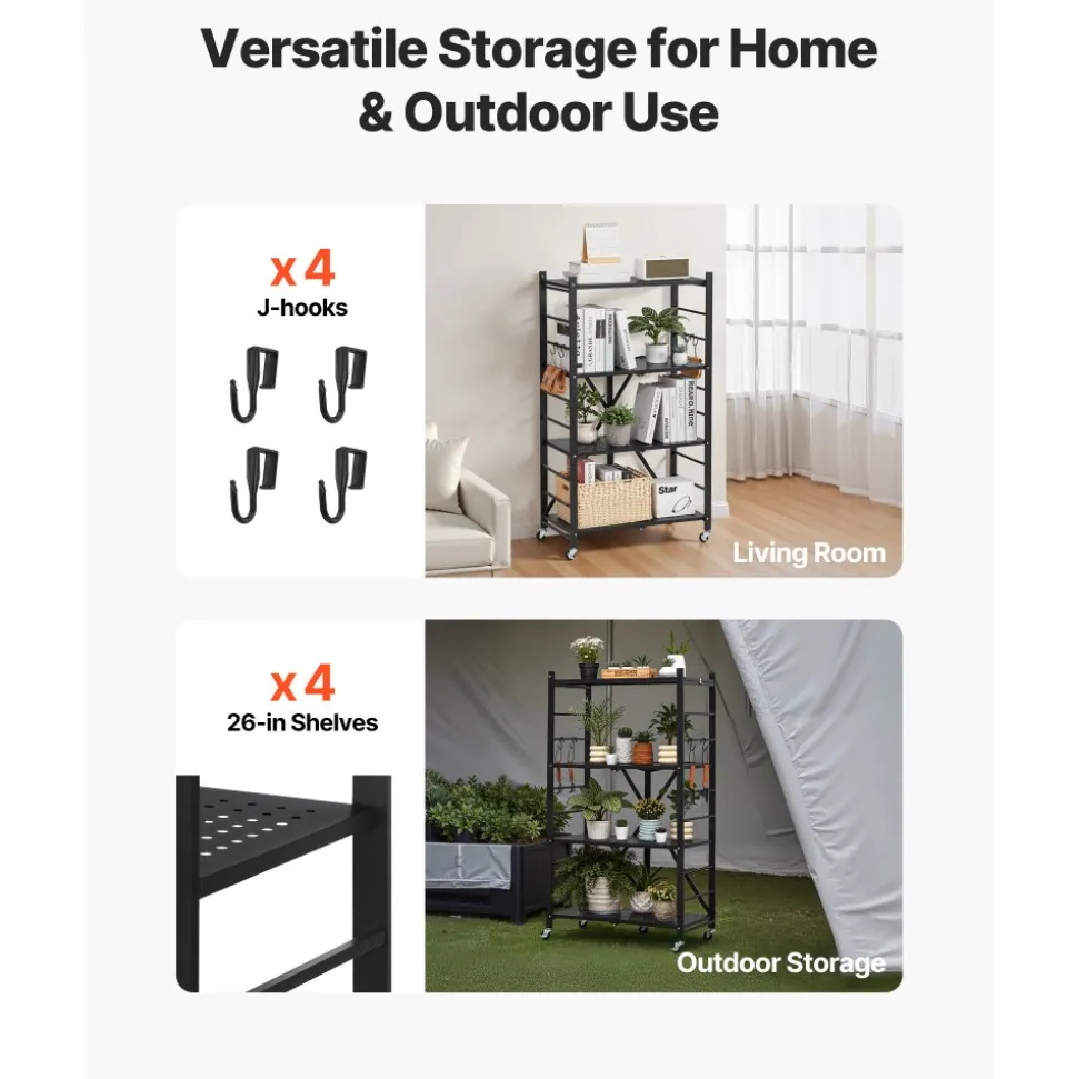 VEVOR 4-Tier Foldable Storage Shelf, 26W x 13D x 46H Inch Folding Metal Rack Shelving Unit, No Assembly Organizer Shelf with 5 Wheels & 4 Hooks for Pantry, Kitchen, Garage, Basement, Black