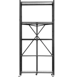 VEVOR 5-Tier Foldable Storage Shelf, 32W x 14D x 72H Inch Folding Metal Rack Shelving Unit, No Assembly Organizer Shelf with 5 Wheels & 4 Hooks for Pantry, Kitchen, Garage, Basement, Black
