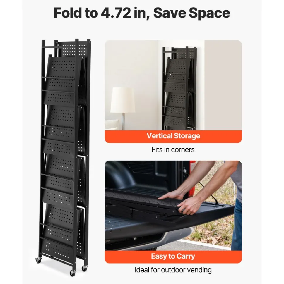 VEVOR 5-Tier Foldable Storage Shelf, 32W x 14D x 72H Inch Folding Metal Rack Shelving Unit, No Assembly Organizer Shelf with 5 Wheels & 4 Hooks for Pantry, Kitchen, Garage, Basement, Black