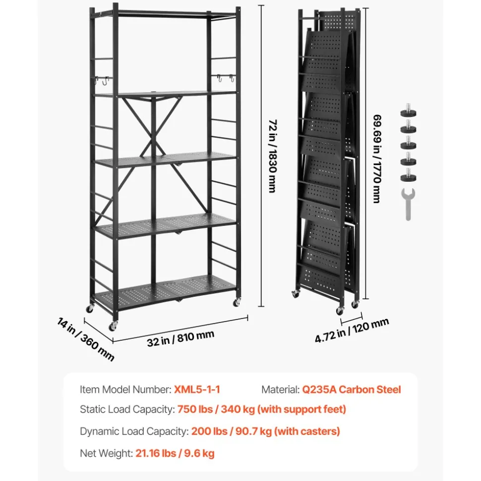 VEVOR 5-Tier Foldable Storage Shelf, 32W x 14D x 72H Inch Folding Metal Rack Shelving Unit, No Assembly Organizer Shelf with 5 Wheels & 4 Hooks for Pantry, Kitchen, Garage, Basement, Black