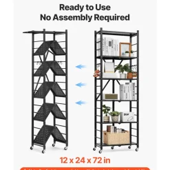 VEVOR 5-Tier Foldable Storage Shelf, 28W x 13D x 66H Inch Folding Metal Rack Shelving Unit, No Assembly Organizer Shelf with 5 Wheels & 4 Hooks for Pantry, Kitchen, Garage, Basement, Black