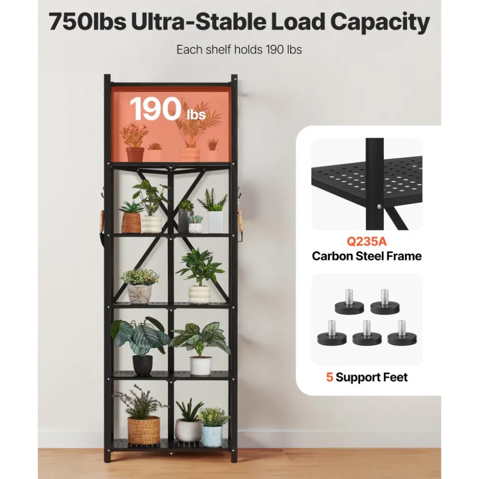 VEVOR 6-Tier Foldable Storage Shelf, 24W x 12D x 72H Inch Folding Metal Rack Shelving Unit, No Assembly Organizer Shelf with 5 Wheels & 4 Hooks for Pantry, Kitchen, Garage, Basement, Black