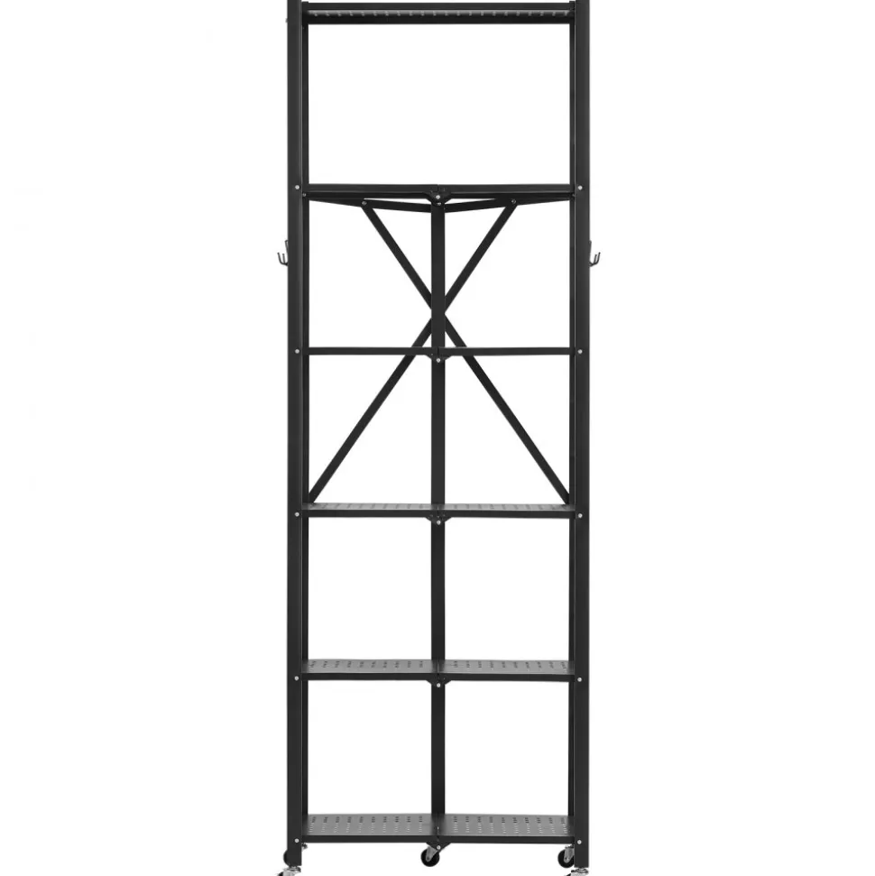VEVOR 6-Tier Foldable Storage Shelf, 24W x 12D x 72H Inch Folding Metal Rack Shelving Unit, No Assembly Organizer Shelf with 5 Wheels & 4 Hooks for Pantry, Kitchen, Garage, Basement, Black