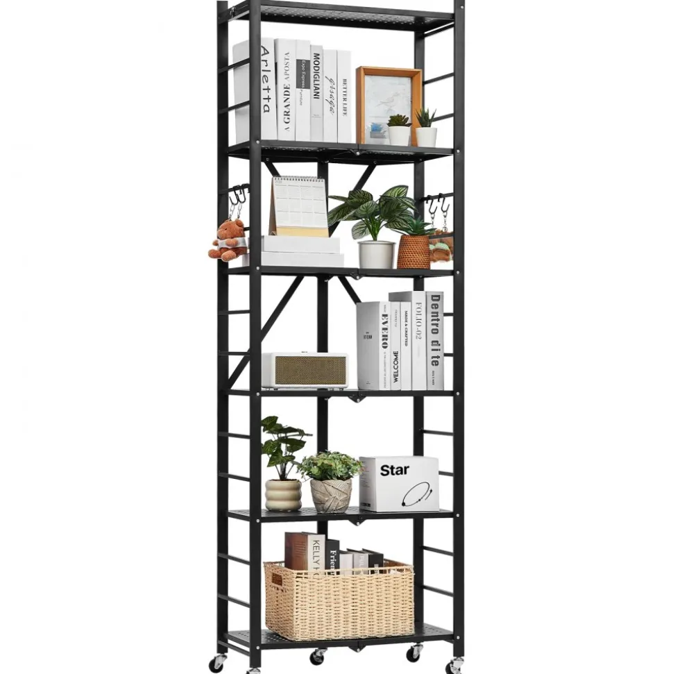 VEVOR 6-Tier Foldable Storage Shelf, 24W x 12D x 72H Inch Folding Metal Rack Shelving Unit, No Assembly Organizer Shelf with 5 Wheels & 4 Hooks for Pantry, Kitchen, Garage, Basement, Black