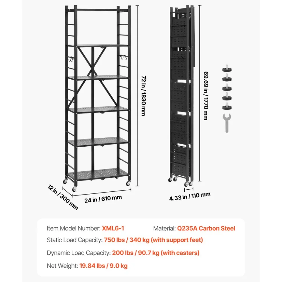VEVOR 6-Tier Foldable Storage Shelf, 24W x 12D x 72H Inch Folding Metal Rack Shelving Unit, No Assembly Organizer Shelf with 5 Wheels & 4 Hooks for Pantry, Kitchen, Garage, Basement, Black