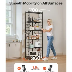 VEVOR 6-Tier Foldable Storage Shelf, 24W x 12D x 72H Inch Folding Metal Rack Shelving Unit, No Assembly Organizer Shelf with 5 Wheels & 4 Hooks for Pantry, Kitchen, Garage, Basement, Black