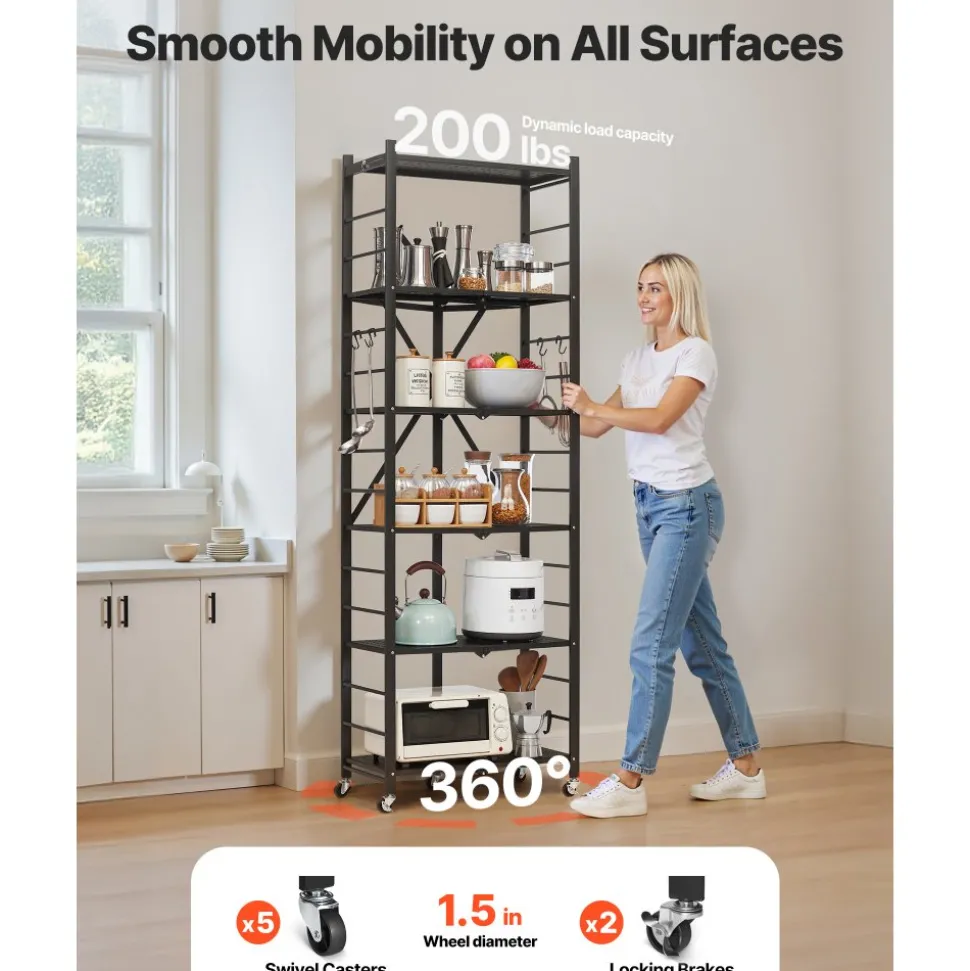 VEVOR 6-Tier Foldable Storage Shelf, 24W x 12D x 72H Inch Folding Metal Rack Shelving Unit, No Assembly Organizer Shelf with 5 Wheels & 4 Hooks for Pantry, Kitchen, Garage, Basement, Black