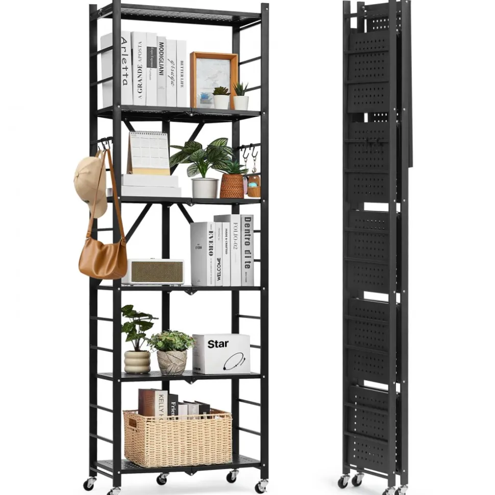 VEVOR 6-Tier Foldable Storage Shelf, 24W x 12D x 72H Inch Folding Metal Rack Shelving Unit, No Assembly Organizer Shelf with 5 Wheels & 4 Hooks for Pantry, Kitchen, Garage, Basement, Black