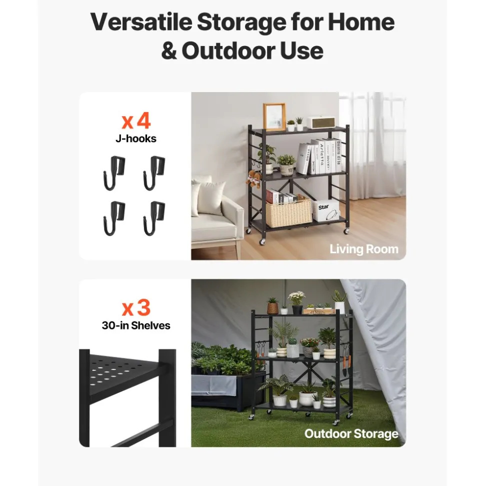 VEVOR 4-Tier Foldable Storage Shelf, 36W x 21D x 60H Inch Folding Metal Rack Shelving Unit, No Assembly Organizer Shelf with 5 Wheels & 4 Hooks for Pantry, Kitchen, Garage, Basement, Black