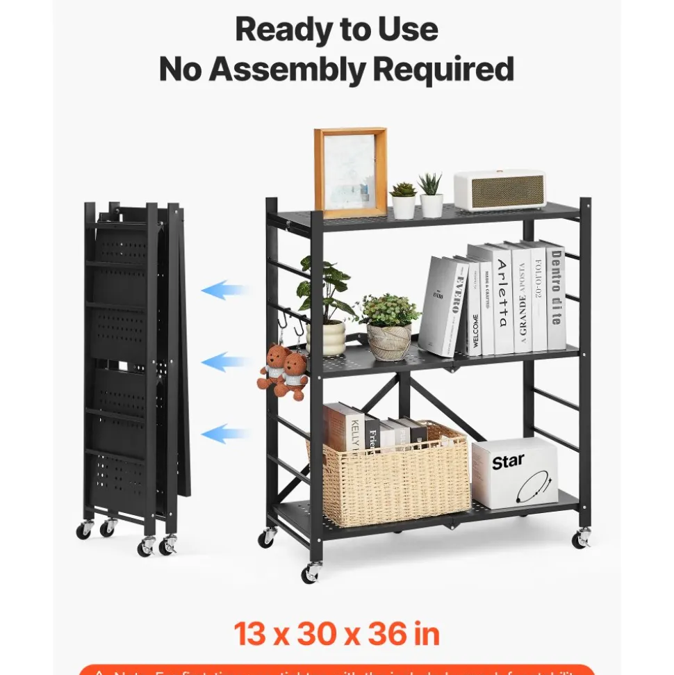 VEVOR 4-Tier Foldable Storage Shelf, 36W x 21D x 60H Inch Folding Metal Rack Shelving Unit, No Assembly Organizer Shelf with 5 Wheels & 4 Hooks for Pantry, Kitchen, Garage, Basement, Black