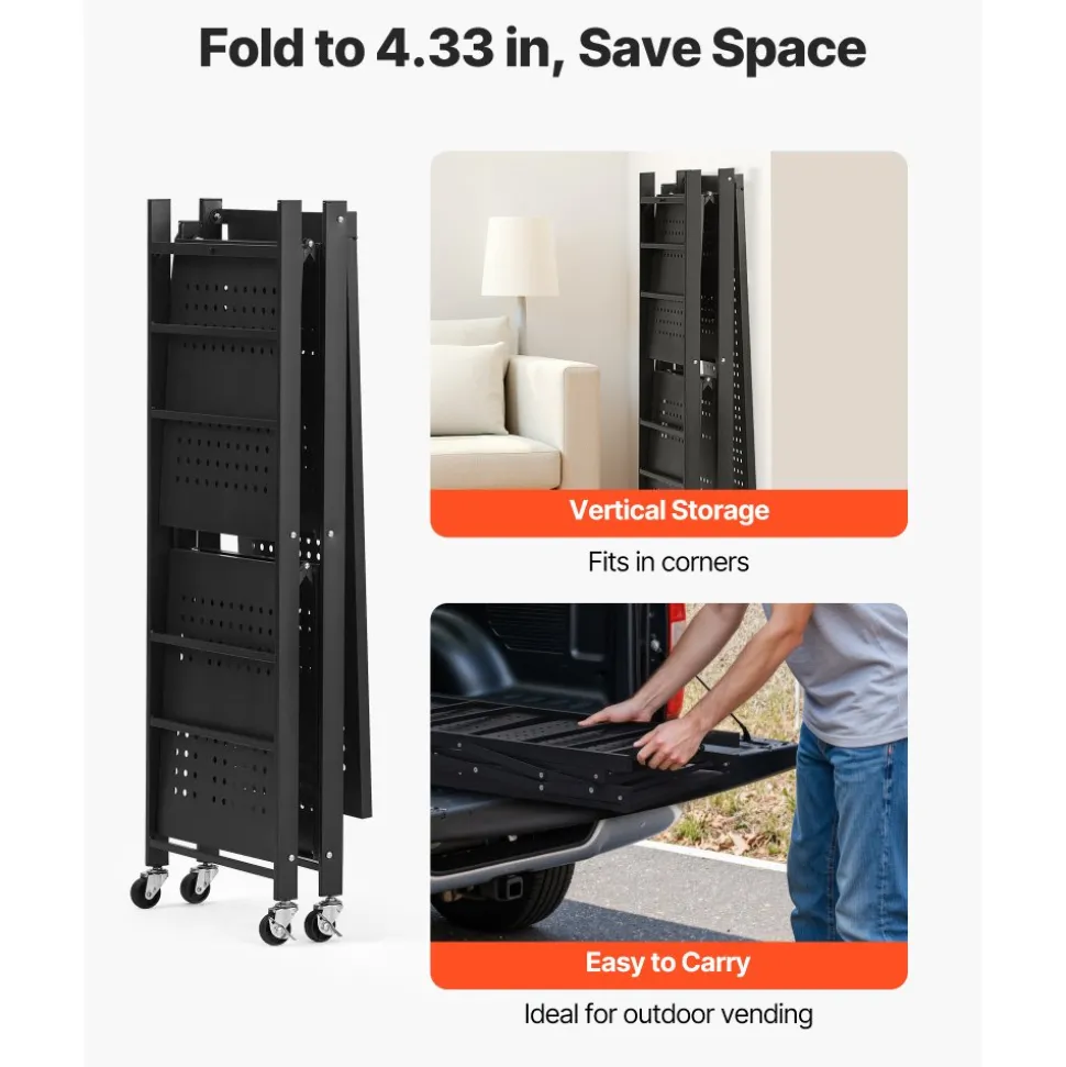VEVOR 4-Tier Foldable Storage Shelf, 36W x 21D x 60H Inch Folding Metal Rack Shelving Unit, No Assembly Organizer Shelf with 5 Wheels & 4 Hooks for Pantry, Kitchen, Garage, Basement, Black