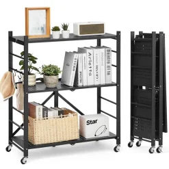 VEVOR 4-Tier Foldable Storage Shelf, 36W x 21D x 60H Inch Folding Metal Rack Shelving Unit, No Assembly Organizer Shelf with 5 Wheels & 4 Hooks for Pantry, Kitchen, Garage, Basement, Black