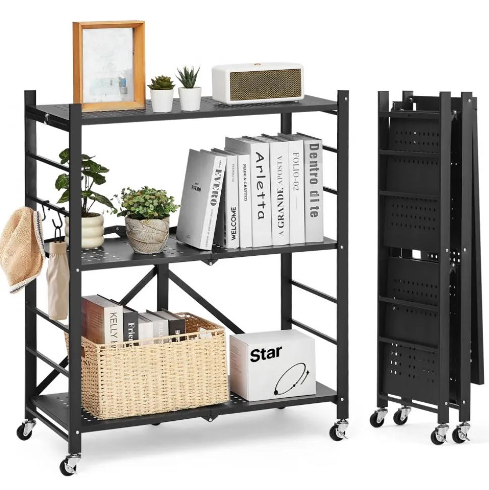 VEVOR 4-Tier Foldable Storage Shelf, 36W x 21D x 60H Inch Folding Metal Rack Shelving Unit, No Assembly Organizer Shelf with 5 Wheels & 4 Hooks for Pantry, Kitchen, Garage, Basement, Black