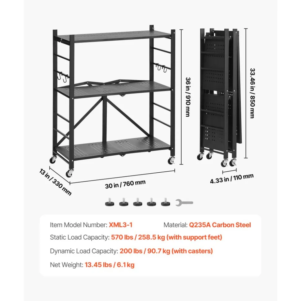 VEVOR 4-Tier Foldable Storage Shelf, 36W x 21D x 60H Inch Folding Metal Rack Shelving Unit, No Assembly Organizer Shelf with 5 Wheels & 4 Hooks for Pantry, Kitchen, Garage, Basement, Black