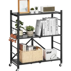 VEVOR 4-Tier Foldable Storage Shelf, 36W x 21D x 60H Inch Folding Metal Rack Shelving Unit, No Assembly Organizer Shelf with 5 Wheels & 4 Hooks for Pantry, Kitchen, Garage, Basement, Black