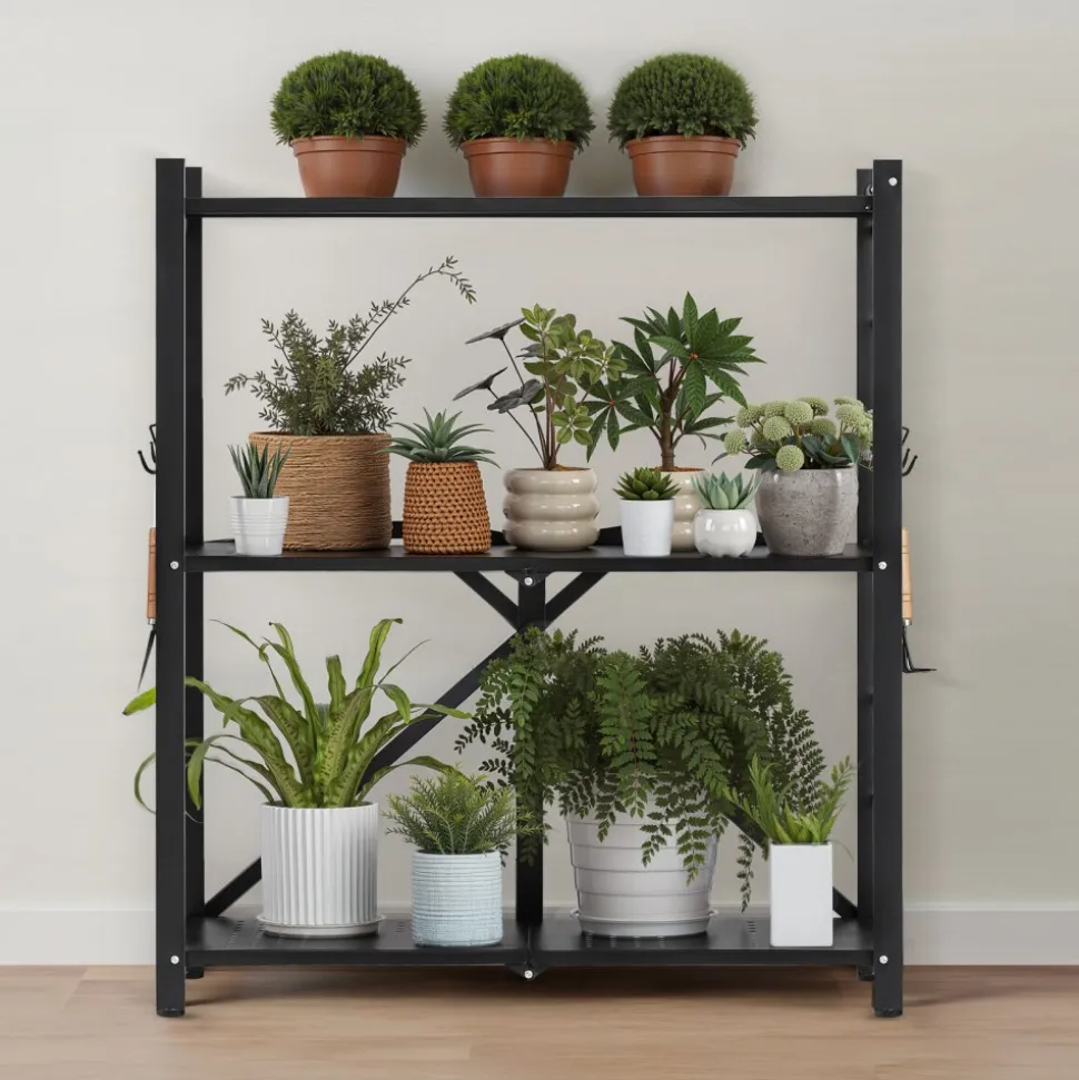 VEVOR 4-Tier Foldable Storage Shelf, 36W x 21D x 60H Inch Folding Metal Rack Shelving Unit, No Assembly Organizer Shelf with 5 Wheels & 4 Hooks for Pantry, Kitchen, Garage, Basement, Black