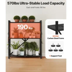VEVOR 4-Tier Foldable Storage Shelf, 36W x 21D x 60H Inch Folding Metal Rack Shelving Unit, No Assembly Organizer Shelf with 5 Wheels & 4 Hooks for Pantry, Kitchen, Garage, Basement, Black