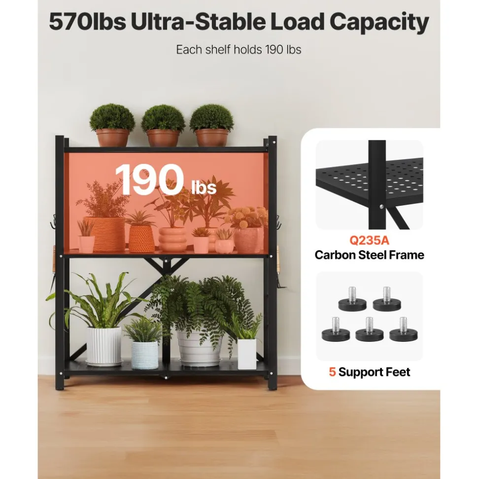 VEVOR 4-Tier Foldable Storage Shelf, 36W x 21D x 60H Inch Folding Metal Rack Shelving Unit, No Assembly Organizer Shelf with 5 Wheels & 4 Hooks for Pantry, Kitchen, Garage, Basement, Black