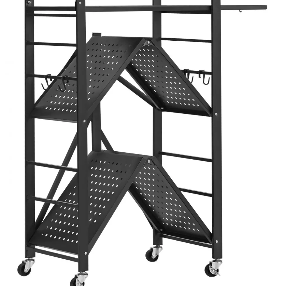 VEVOR 4-Tier Foldable Storage Shelf, 36W x 21D x 60H Inch Folding Metal Rack Shelving Unit, No Assembly Organizer Shelf with 5 Wheels & 4 Hooks for Pantry, Kitchen, Garage, Basement, Black