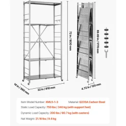 VEVOR 5-Tier Foldable Storage Shelf, 32W x 14D x 72H Inch Folding Metal Rack Shelving Unit, No Assembly Organizer Shelf with 5 Wheels & 4 Hooks for Pantry, Kitchen, Garage, Basement, Grey