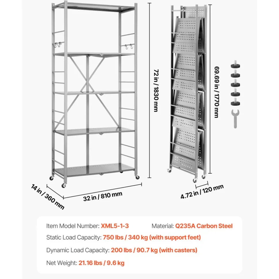 VEVOR 5-Tier Foldable Storage Shelf, 32W x 14D x 72H Inch Folding Metal Rack Shelving Unit, No Assembly Organizer Shelf with 5 Wheels & 4 Hooks for Pantry, Kitchen, Garage, Basement, Grey