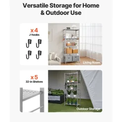 VEVOR 5-Tier Foldable Storage Shelf, 32W x 14D x 72H Inch Folding Metal Rack Shelving Unit, No Assembly Organizer Shelf with 5 Wheels & 4 Hooks for Pantry, Kitchen, Garage, Basement, Grey