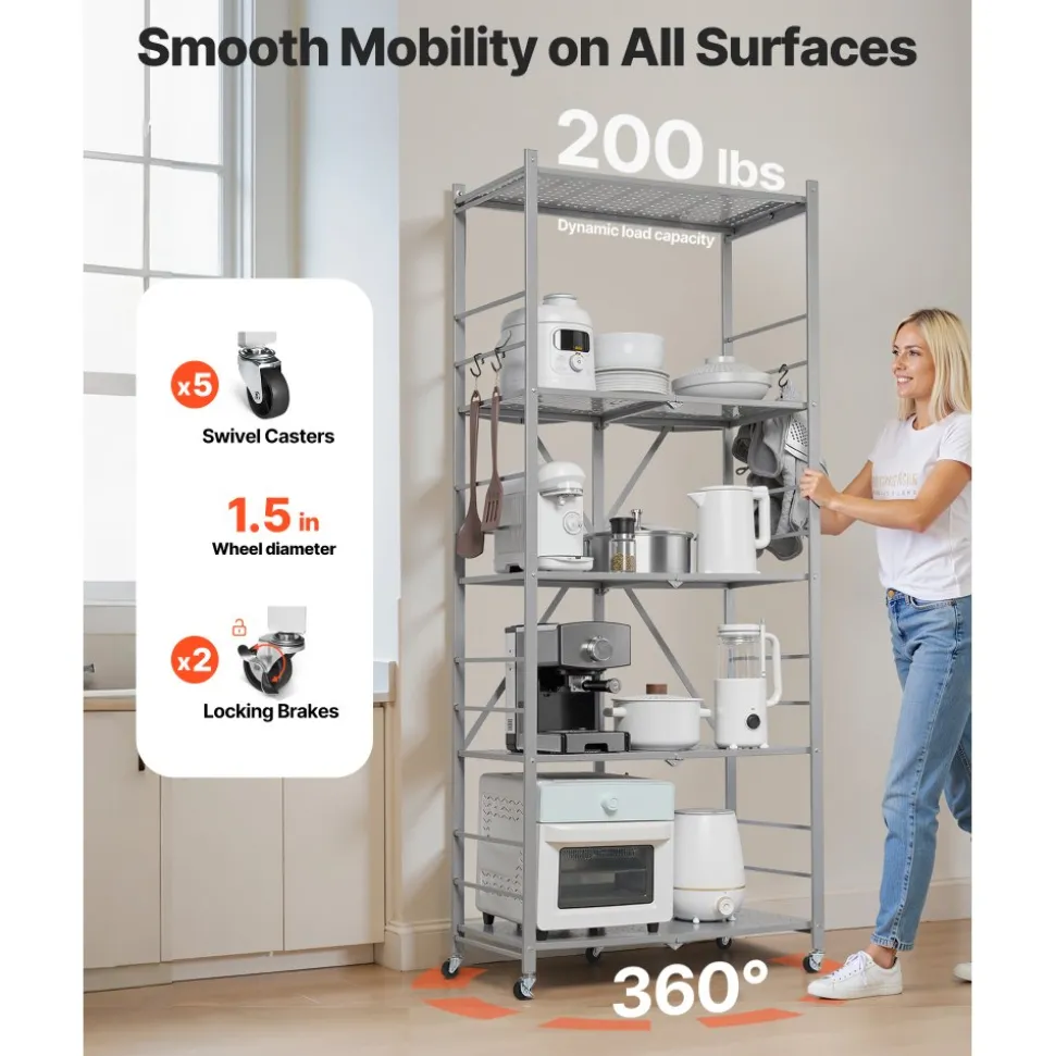 VEVOR 5-Tier Foldable Storage Shelf, 32W x 14D x 72H Inch Folding Metal Rack Shelving Unit, No Assembly Organizer Shelf with 5 Wheels & 4 Hooks for Pantry, Kitchen, Garage, Basement, Grey
