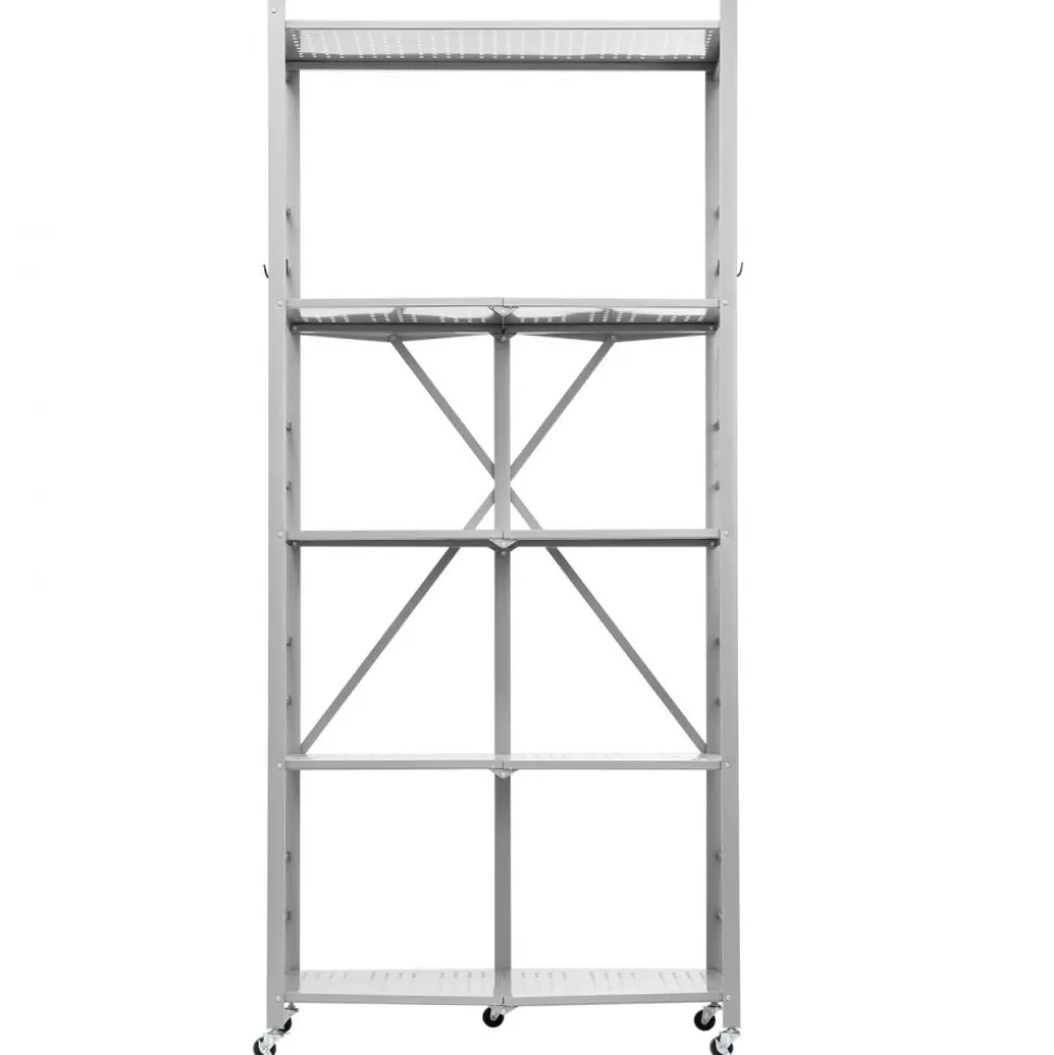 VEVOR 5-Tier Foldable Storage Shelf, 32W x 14D x 72H Inch Folding Metal Rack Shelving Unit, No Assembly Organizer Shelf with 5 Wheels & 4 Hooks for Pantry, Kitchen, Garage, Basement, Grey