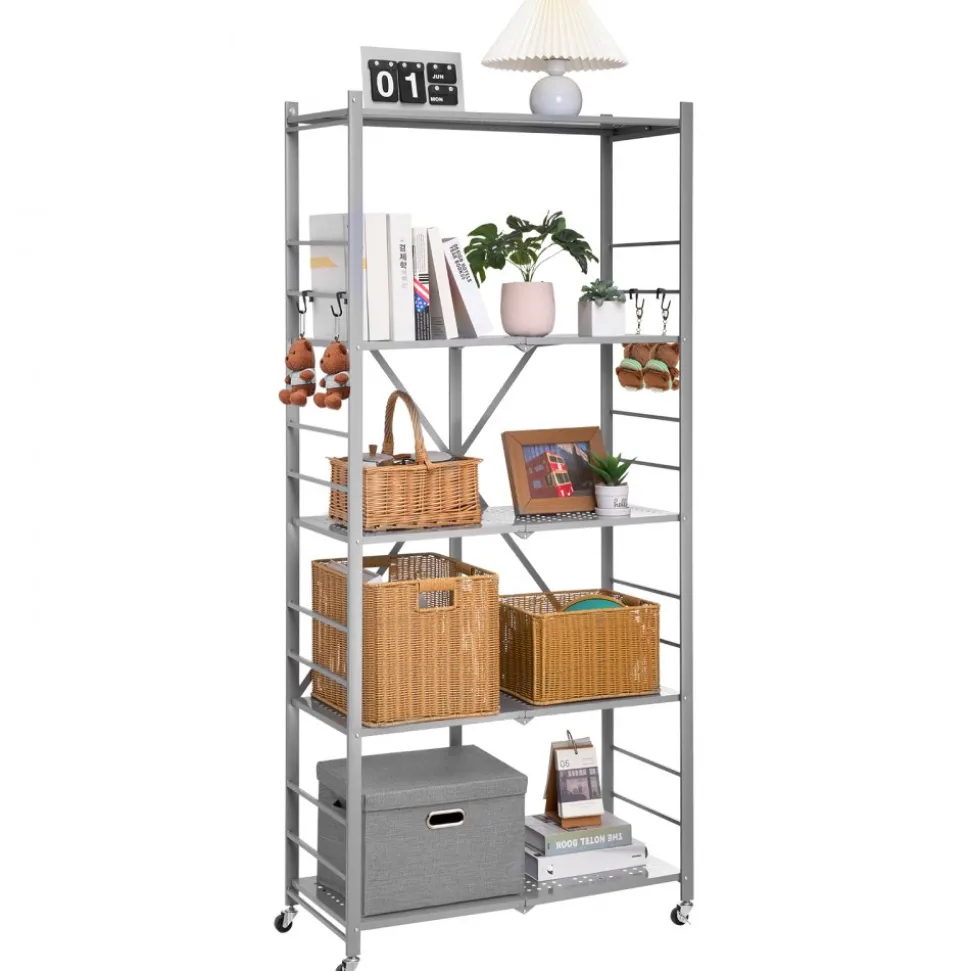 VEVOR 5-Tier Foldable Storage Shelf, 32W x 14D x 72H Inch Folding Metal Rack Shelving Unit, No Assembly Organizer Shelf with 5 Wheels & 4 Hooks for Pantry, Kitchen, Garage, Basement, Grey
